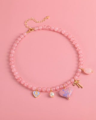Pink Jade Marbled Valentine Heart Bead Necklace