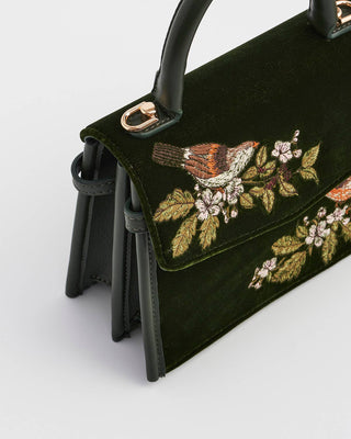 Eliza Wren Embroidered Top Handle Bag in Green Velvet