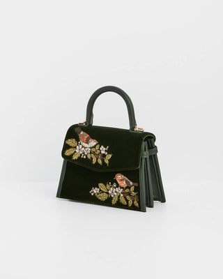 Eliza Wren Embroidered Top Handle Bag in Green Velvet