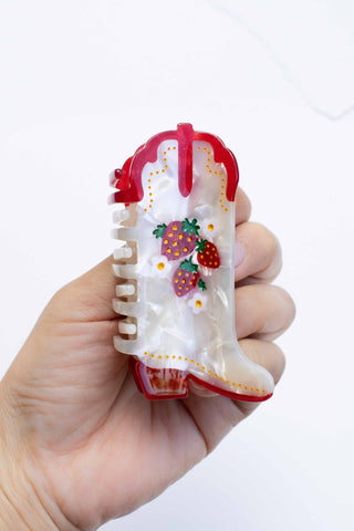 Cute Strawberry Embellished Cowgirl Boots Hair Claw Clip