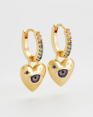 Augury Eye Heart Charm Huggie Earrings