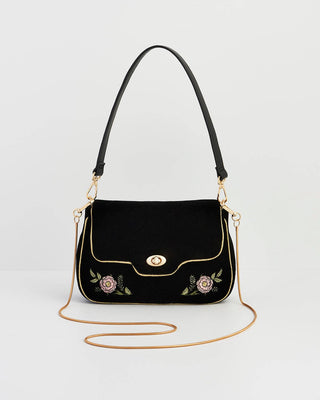 Rose Embroidered Black Clutch