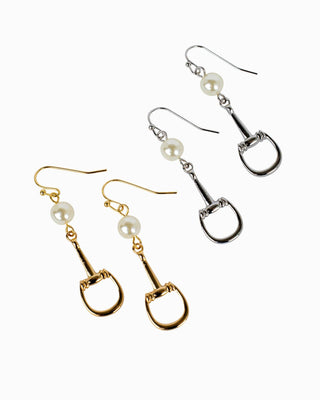 Horsebit Drop Hook Earrings with Cream Pearl Accents