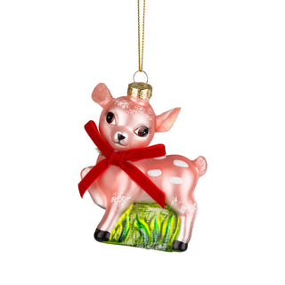 Glass pink vintage reindeer with bow ornament
