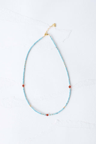 Turquoise Bead Necklace with Red Natural Stone Accents