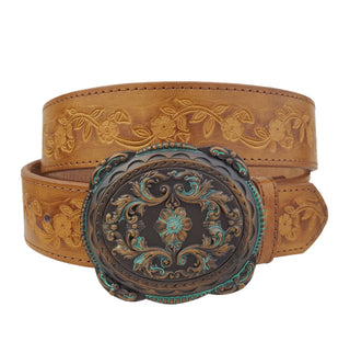 Western Brass/Patina Buckle with Vintage floral tooled belt