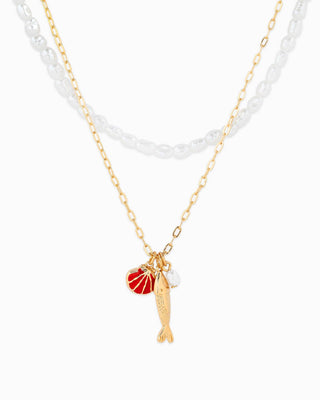Sea Life Layered Pearl & Fish Charm Necklace