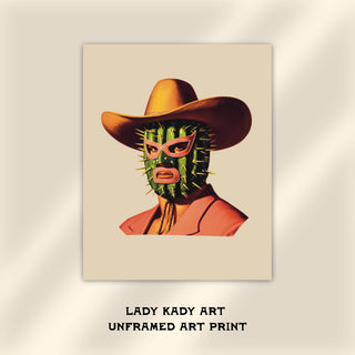 Cactus Luchador Cowboy Art Print, Unique Western Decor