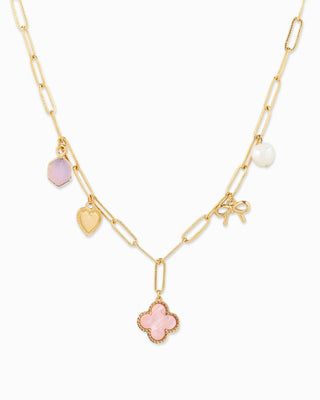 Pink Milgrain Clover Multi Charm Pendant Necklace