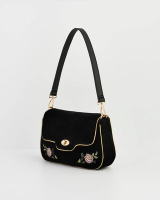 Rose Embroidered Black Clutch