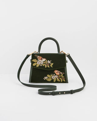 Eliza Wren Embroidered Top Handle Bag in Green Velvet